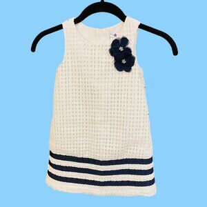 Shrinking Violet Girls White and Navy Blue Sleeveless Dress Size 4 w/ 3-D Flower